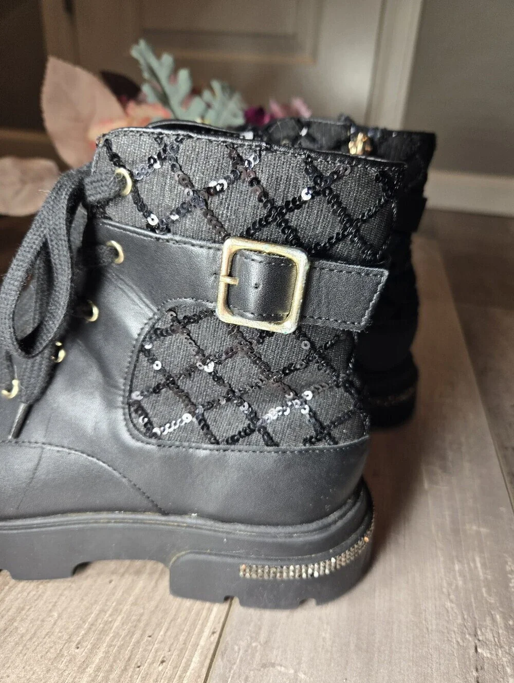 Jessica Simpson Big Girls Rosa Buckle Moto Boot Size 4 Black Quilted Sequins